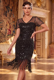 Lantejoulas pretas pretas douradas cintilantes Vestido Curto de Festa de Gatsby com franjas