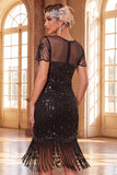 Lantejoulas pretas pretas douradas cintilantes Vestido Curto de Festa de Gatsby com franjas