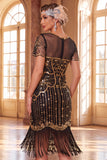 Lantejoulas pretas pretas douradas cintilantes Vestido Curto de Festa de Gatsby com franjas