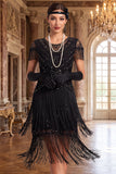 Vestido vintage preto dourado com lantejoulas franjadas anos 1920 com mangas curtas