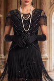 Vestido vintage preto dourado com lantejoulas franjadas anos 1920 com mangas curtas
