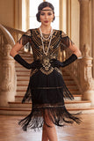 Vestido vintage preto dourado com lantejoulas franjadas anos 1920 com mangas curtas