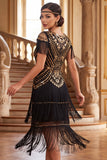Vestido vintage preto dourado com lantejoulas franjadas anos 1920 com mangas curtas