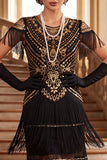 Vestido vintage preto dourado com lantejoulas franjadas anos 1920 com mangas curtas