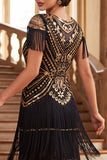 Vestido vintage preto dourado com lantejoulas franjadas anos 1920 com mangas curtas