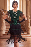 Vestido vintage preto dourado com lantejoulas franjadas anos 1920 com mangas curtas