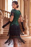 Vestido vintage preto dourado com lantejoulas franjadas anos 1920 com mangas curtas