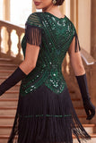 Vestido vintage preto dourado com lantejoulas franjadas anos 1920 com mangas curtas