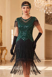 Vestido vintage preto dourado com lantejoulas franjadas anos 1920 com mangas curtas