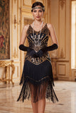 Vestido Flapper sem mangas dos anos 1920 com lantejoulas pretas pretas e lantejoulas vintage