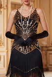 Vestido Flapper sem mangas dos anos 1920 com lantejoulas pretas pretas e lantejoulas vintage
