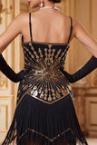 Vestido Flapper sem mangas dos anos 1920 com lantejoulas pretas pretas e lantejoulas vintage