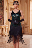 Vestido Flapper sem mangas dos anos 1920 com lantejoulas pretas pretas e lantejoulas vintage