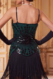Vestido Flapper sem mangas dos anos 1920 com lantejoulas pretas pretas e lantejoulas vintage