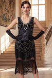 Vestido Flapper dos anos 1920 com decote redondo com lantejoulas pretas pretas douradas brilhantes