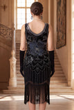 Vestido Flapper dos anos 1920 com decote redondo com lantejoulas pretas pretas douradas brilhantes