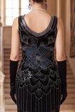 Vestido Flapper dos anos 1920 com decote redondo com lantejoulas pretas pretas douradas brilhantes