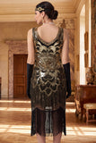 Vestido Flapper dos anos 1920 com decote redondo com lantejoulas pretas pretas douradas brilhantes