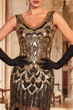 Vestido Flapper dos anos 1920 com decote redondo com lantejoulas pretas pretas douradas brilhantes