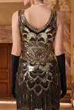 Vestido Flapper dos anos 1920 com decote redondo com lantejoulas pretas pretas douradas brilhantes