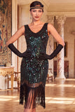 Vestido Flapper dos anos 1920 com decote redondo com lantejoulas pretas pretas douradas brilhantes