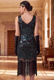 Vestido Flapper dos anos 1920 com decote redondo com lantejoulas pretas pretas douradas brilhantes