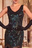 Vestido Flapper dos anos 1920 com decote redondo com lantejoulas pretas pretas douradas brilhantes