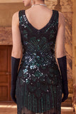 Vestido Flapper dos anos 1920 com decote redondo com lantejoulas pretas pretas douradas brilhantes