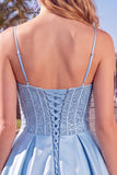 Espartilho azul Linha A com lantejoulas e folhos Vestido curto de regresso a casa com renda nas costas