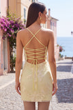 Espartilho amarelo bodycon bordado floral vestido curto de regresso a casa com renda nas costas