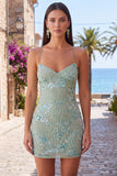 Vestido Curto de Regresso a Casa com Alças Finas Bodycon Damasco e Lantejoulas