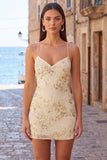 Vestido Curto de Regresso a Casa com Alças Finas Bodycon Damasco e Lantejoulas