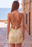 Vestido Curto de Regresso a Casa com Alças Finas Bodycon Damasco e Lantejoulas