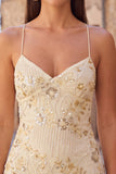 Vestido Curto de Regresso a Casa com Alças Finas Bodycon Damasco e Lantejoulas