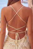 Vestido Curto de Regresso a Casa com Alças Finas Bodycon Damasco e Lantejoulas