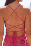 Vestido Curto de Regresso a Casa com Alças Finas Bodycon Damasco e Lantejoulas