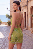 Vestido Curto de Regresso a Casa com Alças Finas Bodycon Damasco e Lantejoulas