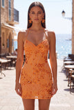 Vestido Curto de Regresso a Casa com Alças Finas Bodycon Damasco e Lantejoulas