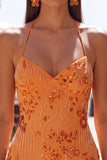 Vestido Curto de Regresso a Casa com Alças Finas Bodycon Damasco e Lantejoulas
