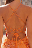 Vestido Curto de Regresso a Casa com Alças Finas Bodycon Damasco e Lantejoulas