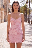 Vestido Curto de Regresso a Casa com Alças Finas Bodycon Damasco e Lantejoulas