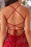 Vestido Curto de Regresso a Casa com Alças Finas Bodycon Damasco e Lantejoulas