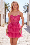 Vestido de regresso a casa, Espartilho Fúcsia Linha A, sem alças, em camadas, com apliques de renda