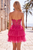 Vestido de regresso a casa, Espartilho Fúcsia Linha A, sem alças, em camadas, com apliques de renda