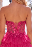 Vestido de regresso a casa, Espartilho Fúcsia Linha A, sem alças, em camadas, com apliques de renda