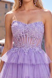 Vestido de regresso a casa, Espartilho Fúcsia Linha A, sem alças, em camadas, com apliques de renda