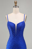 Vestido Curto de Regresso a Casa Corset Corset Pérolas Azuis Reais com Missangas