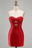 Vestido Curto de Boas-Vindas, Bodycon Vermelho Brilhante, Cortado em Pérolas, Sem Alças, com Bordas