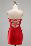 Vestido Curto de Boas-Vindas, Bodycon Vermelho Brilhante, Cortado em Pérolas, Sem Alças, com Bordas