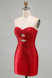 Vestido Curto de Boas-Vindas, Bodycon Vermelho Brilhante, Cortado em Pérolas, Sem Alças, com Bordas